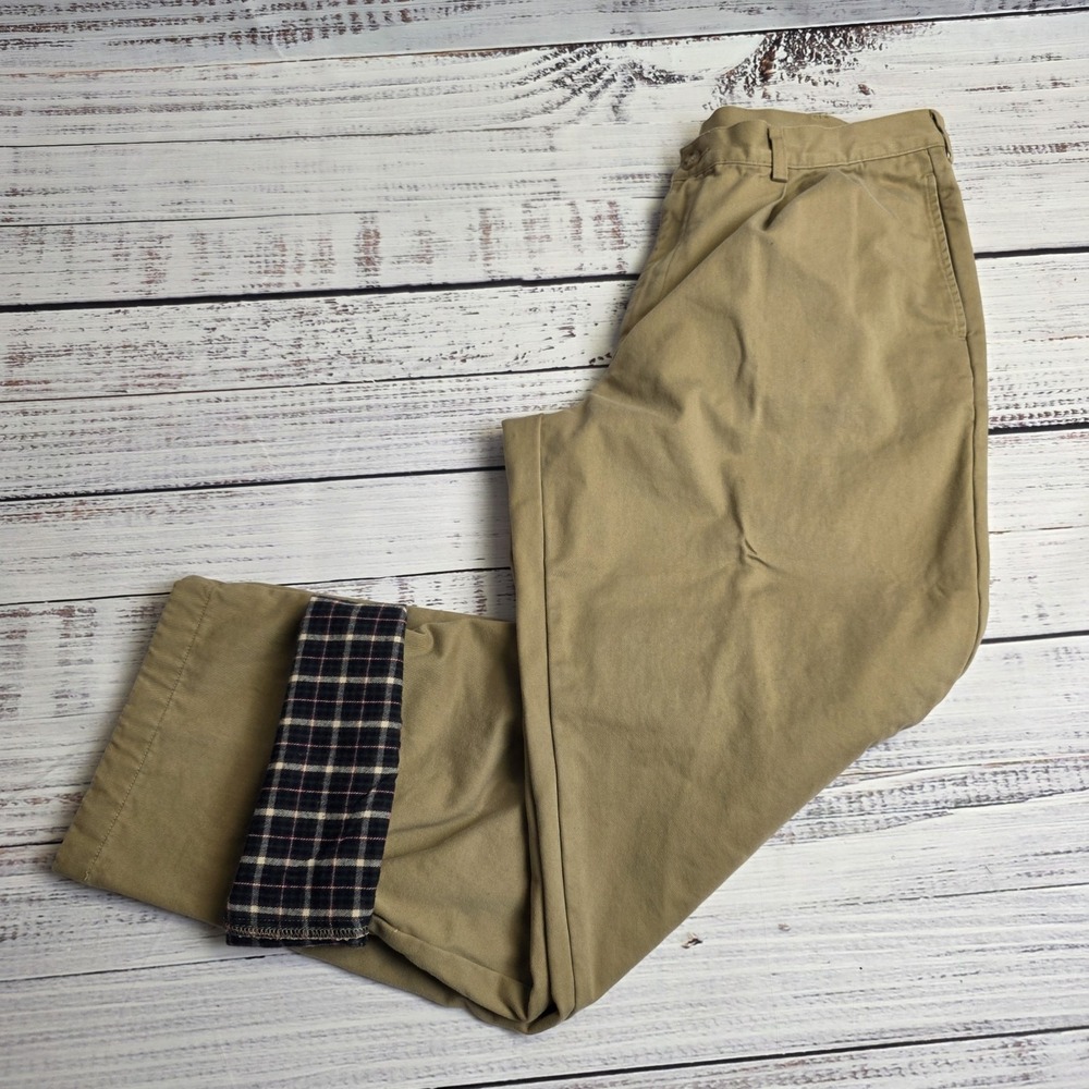 LL Bean Natural Fit Flannel Lined Chino Pants Men 36x31 Khaki Tan Pleated 0 FPV5